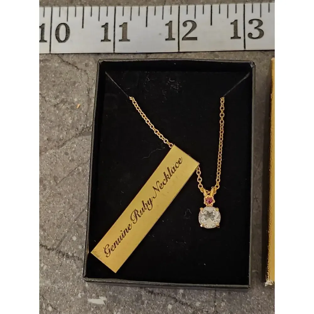 Van Doran Genuine Ruby Necklace Gold Tone‎ Chain Rhinestone In Original Box